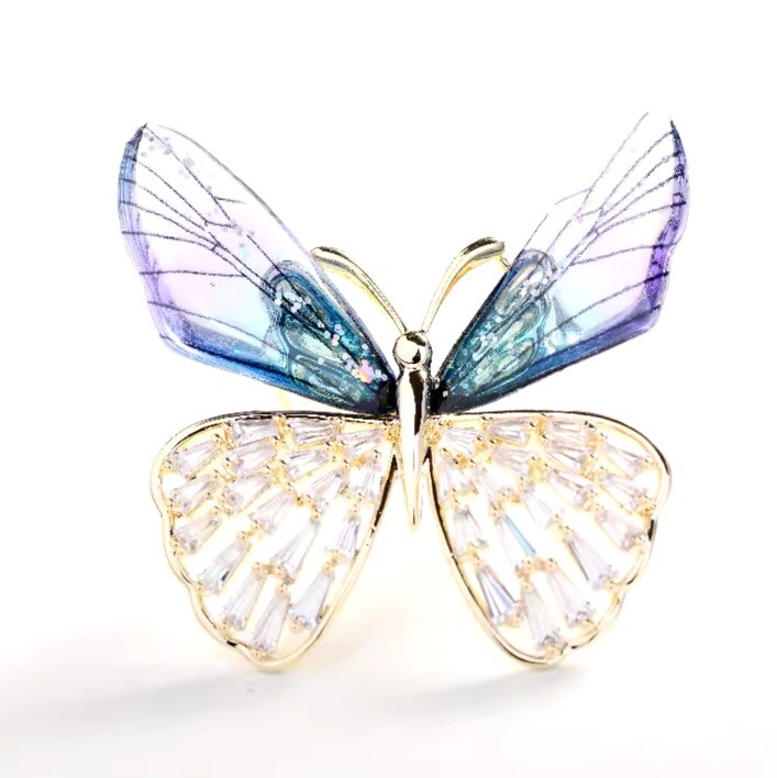 Glazed Cristal Clear Butterfly Broch Dragonfly Pin Rhinestone Blue Purple Gold