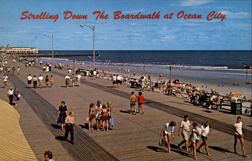 Ocean City New Jersey Boardwalk strolling beach ~ 1950s-60s vintage postcard