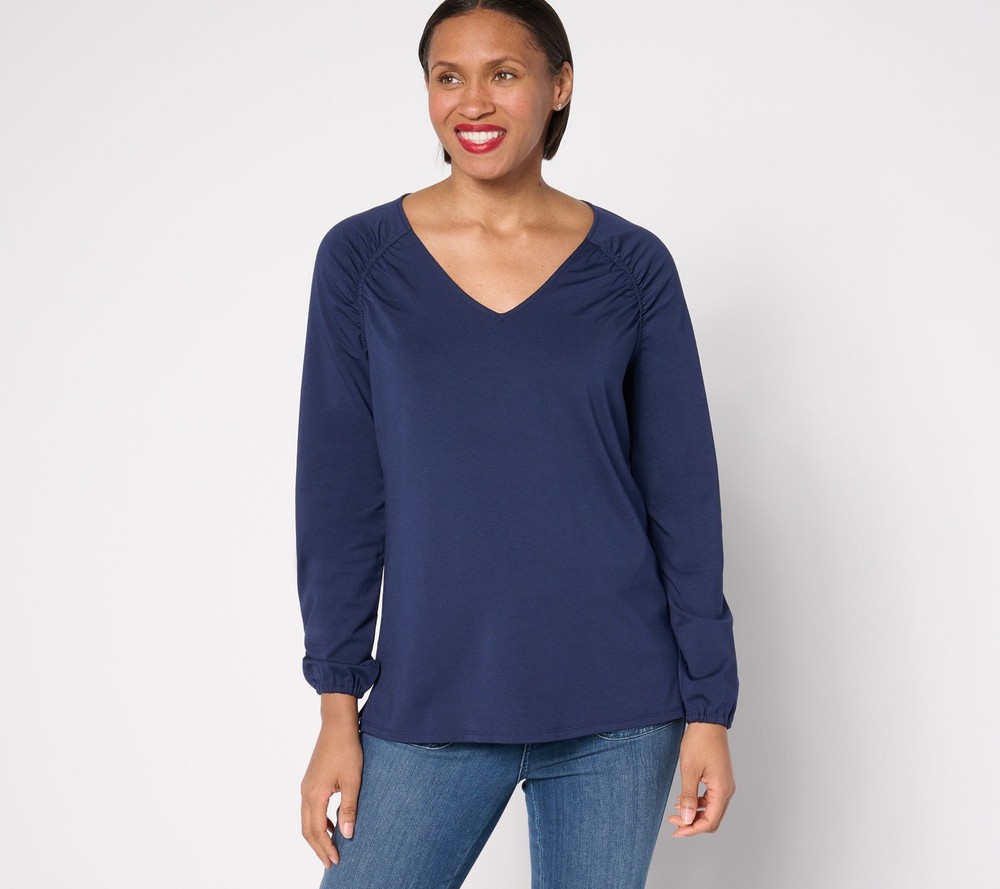 Belle by Kim Gravel Women's Top Sz S TripleLuxe Knit Ruched Shoulder Blue