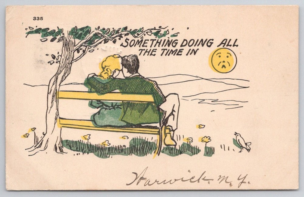 1906 Warwick NY Couple Bench Sad Sun Cartoon Postcard Phillipsburg NJ Posted