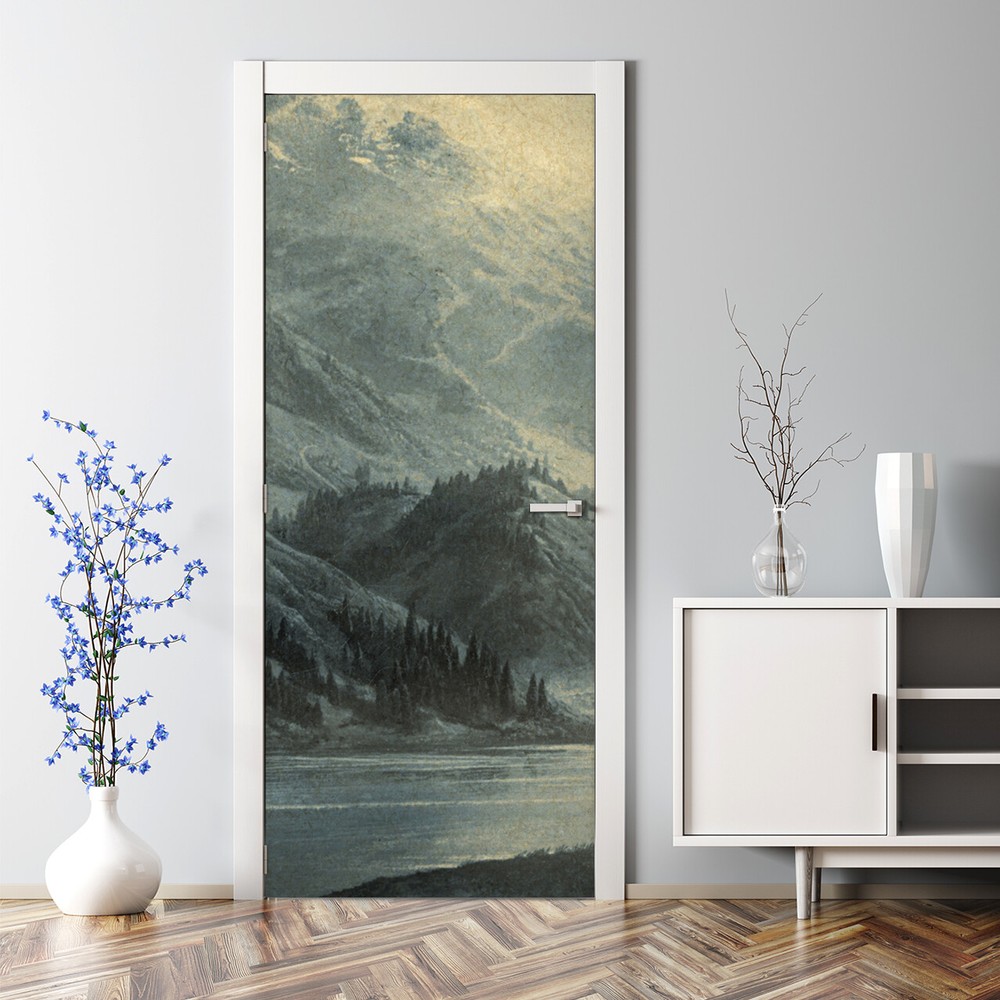 Mountain Landscape foggy forest wild highland wallpaper retro Door Decal