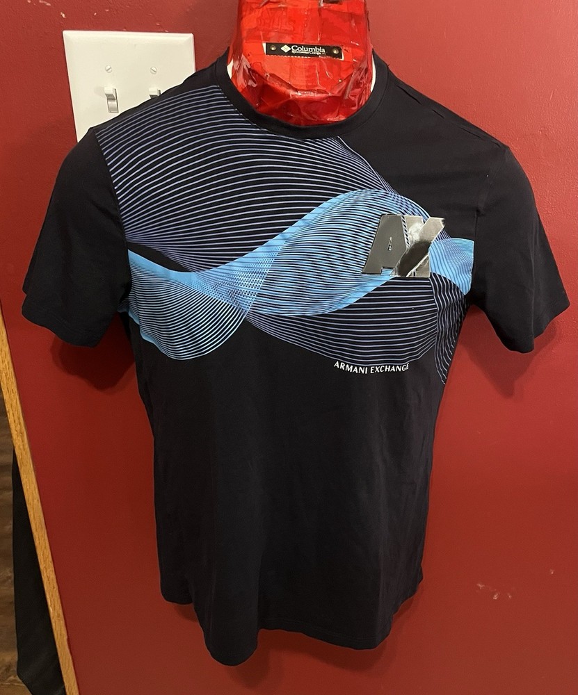 Armani Exchange Mens T-Shirt Size L Navy Blue Graphic Print Pullover Wave