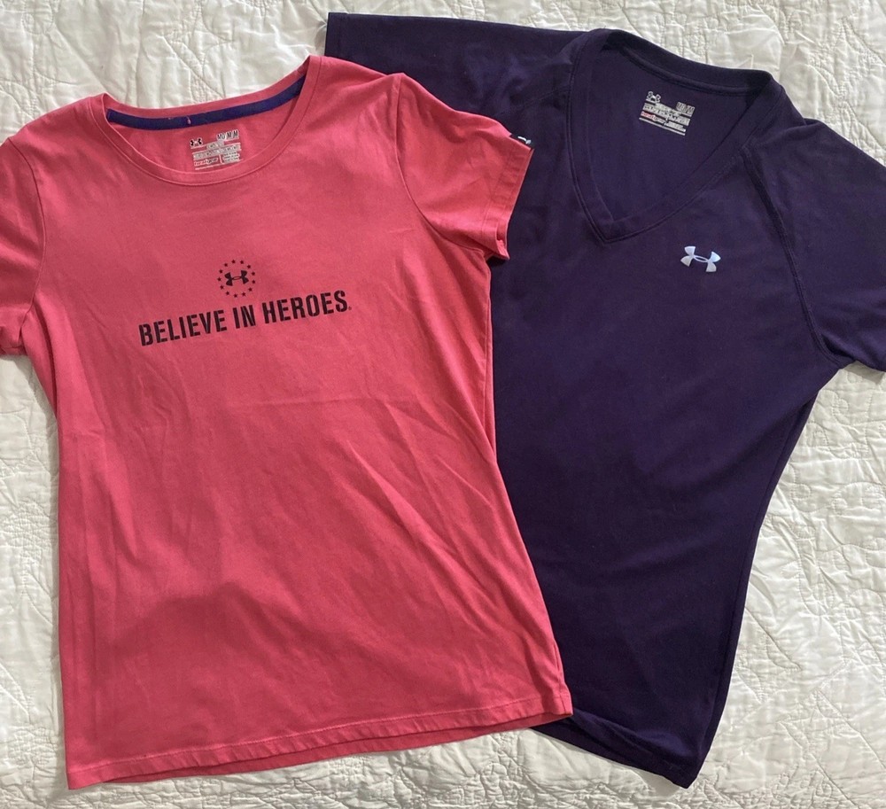Lot of 2 - Women's UA Under Armour Short Sleeve T-Shirts, Medium, Pink Back Hit