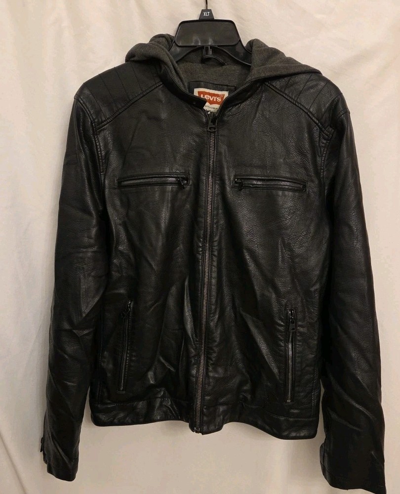 Levis Men's Black Faux Leather Jacket Large Biker Zipper Pockets Hooded 90