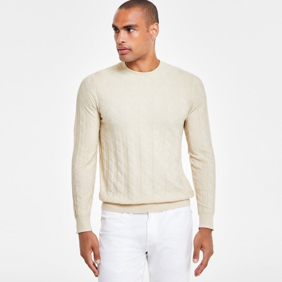 Alfani Men's Beige Knit Gem Textured Chevron Pullover Crewneck Sweater Size 3XL