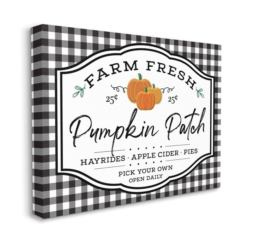 Farm Fresh Pumpkin Patch Sign Black Checkered Plaid, AE Design Canvas Wall Ar...
