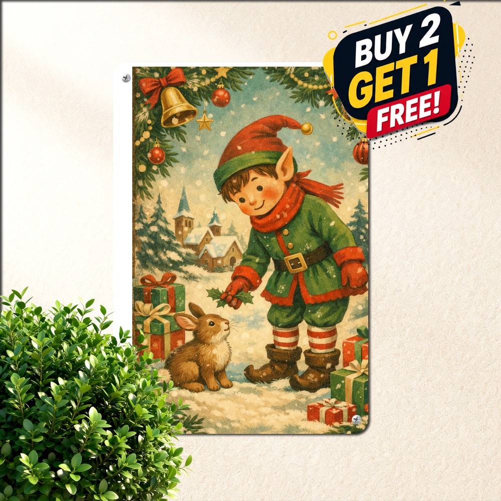 Vintage Christmas Elf And Rabbit Rustic Farmhouse Holiday Decor Metal Tin Sign