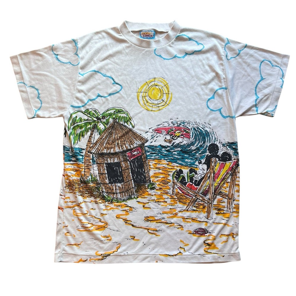 Vintage Sunday Comics Disney AOP T Shirt Mens Medium Mickey Goofy Beach All Over