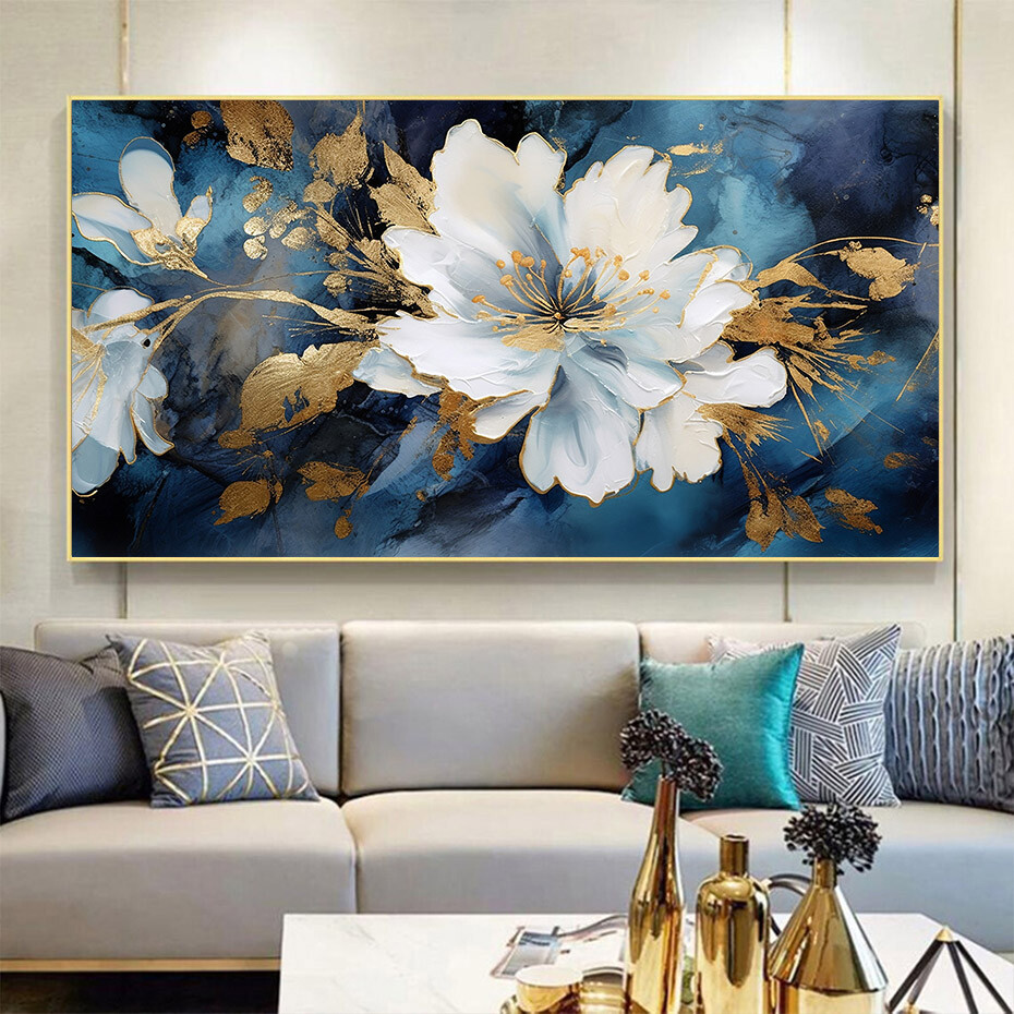 Abstract Blue White Floral Canvas Wall Art Print Mural-image
