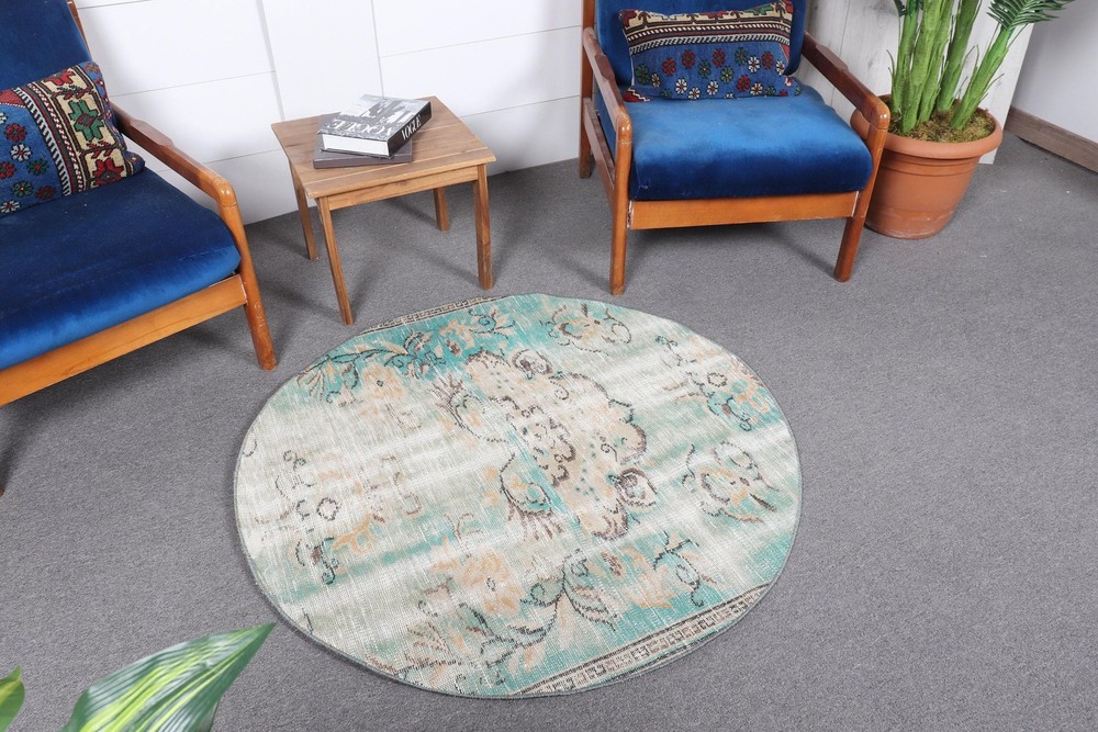 4x4 ft Rug, Turkish Vintage Rug, Blue Gray Oriental Wool Rug