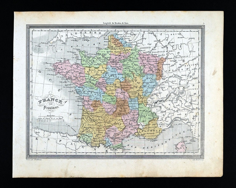 1850 Vuillemin Map France in Provinces Paris Marseille Lyon Tours Reims Bordeaux