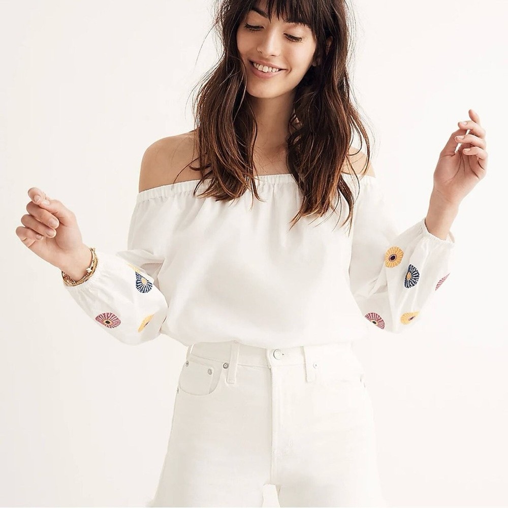 Madewell Embroidered Off-Shoulder Cotton Top Summer White EUC Colorful Style
