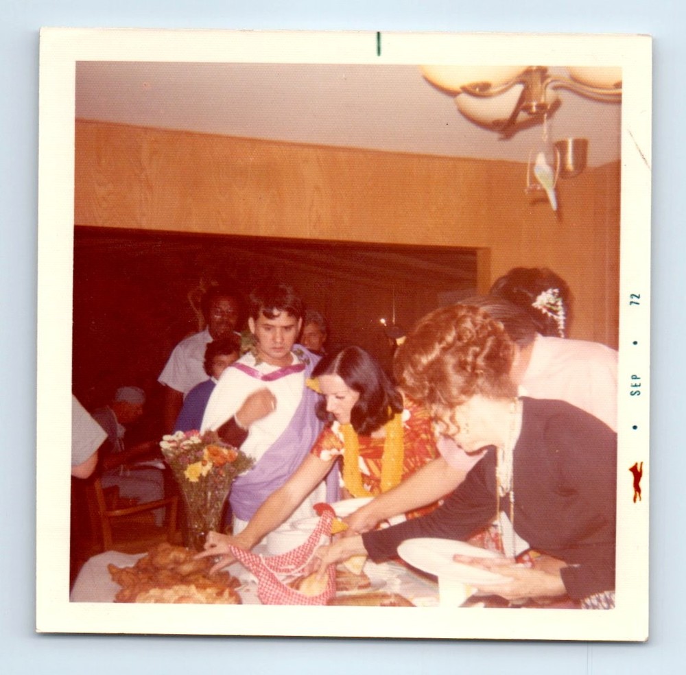Old Vintage Square Color Photo MEN WOMEN GRABBING FOOD AT BUFFET TABLE PIC