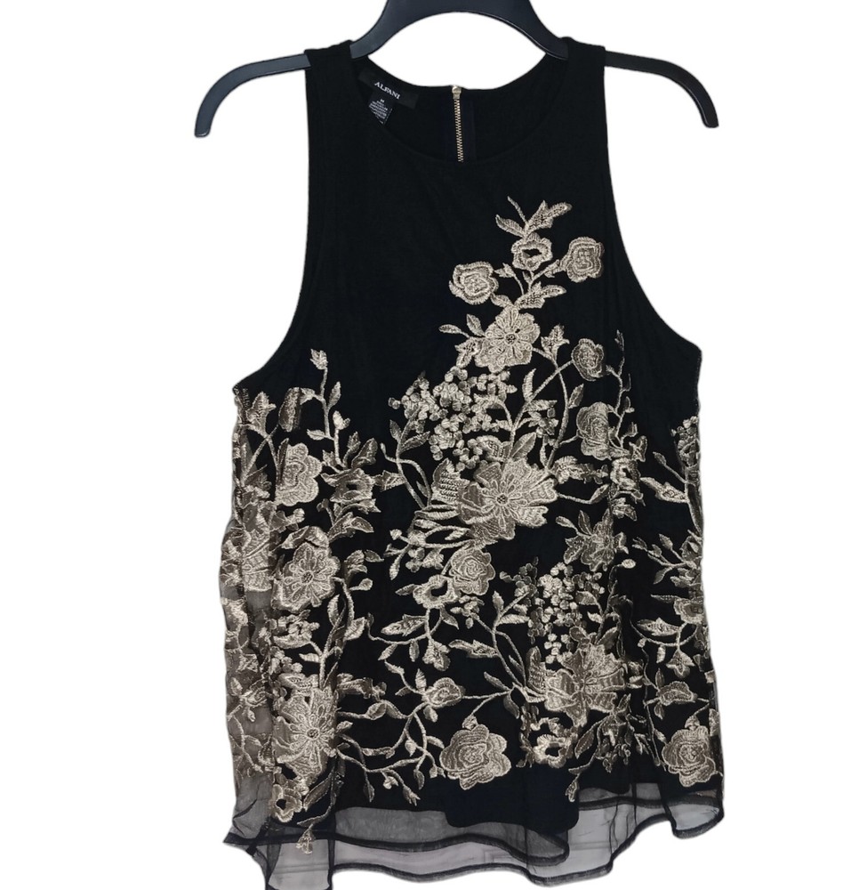 Sheer Black Mesh Sleeveless Tunic Black Gold Floral Embroidered Medium Alfani