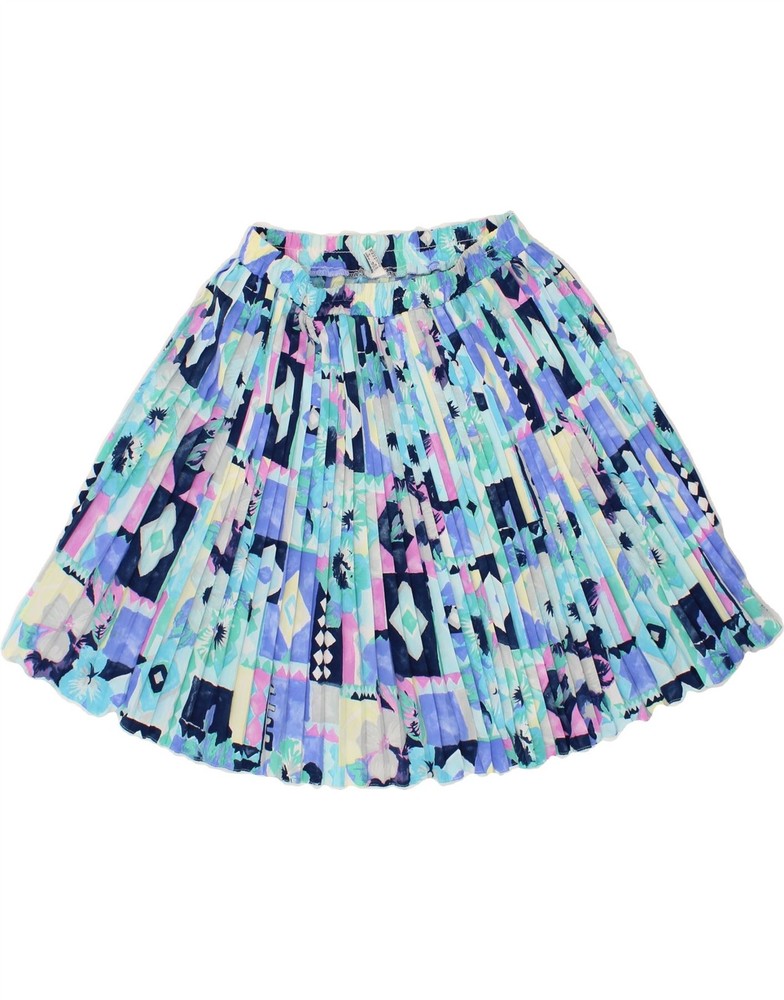 Vintage Blue Abstract Pleated Skirt UK 12 Medium W28 QI14-image