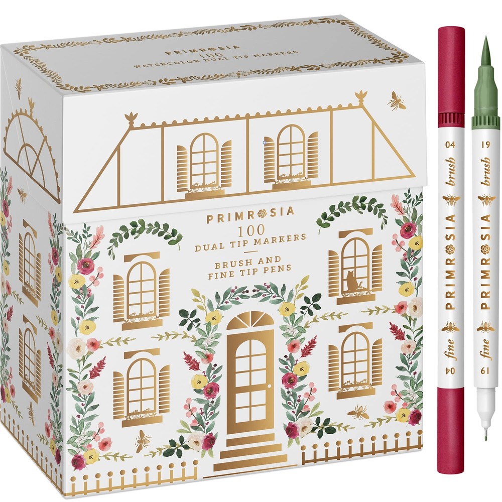 Primrosia 100 Dual Tip Marker Pens, Fineliner and Watercolor Brush Pens for A...