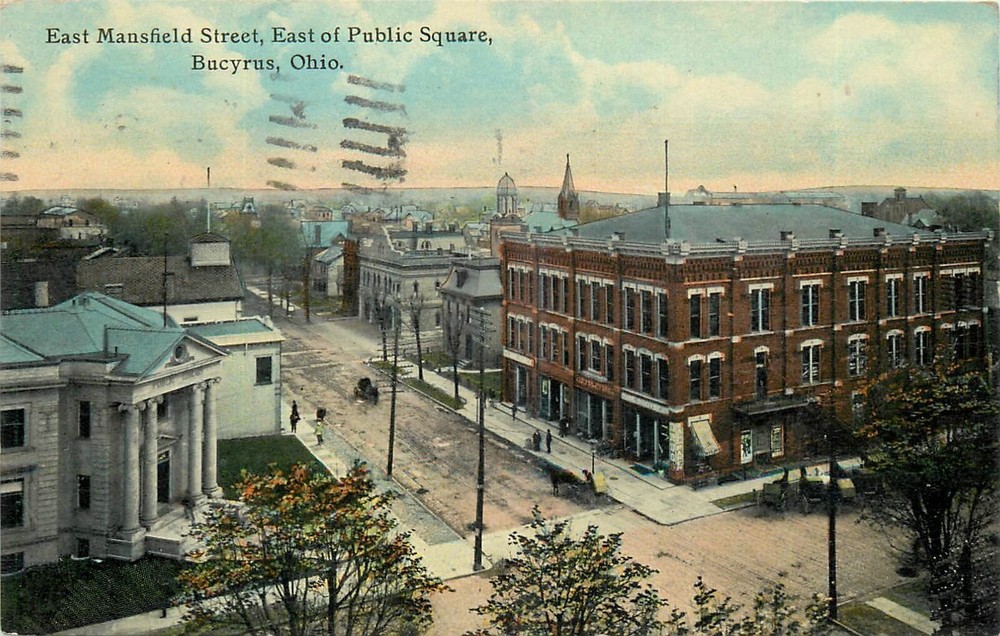 1913 Bucyrus Ohio East Mansfield Street Public Square Birdseye postcard 25-3793