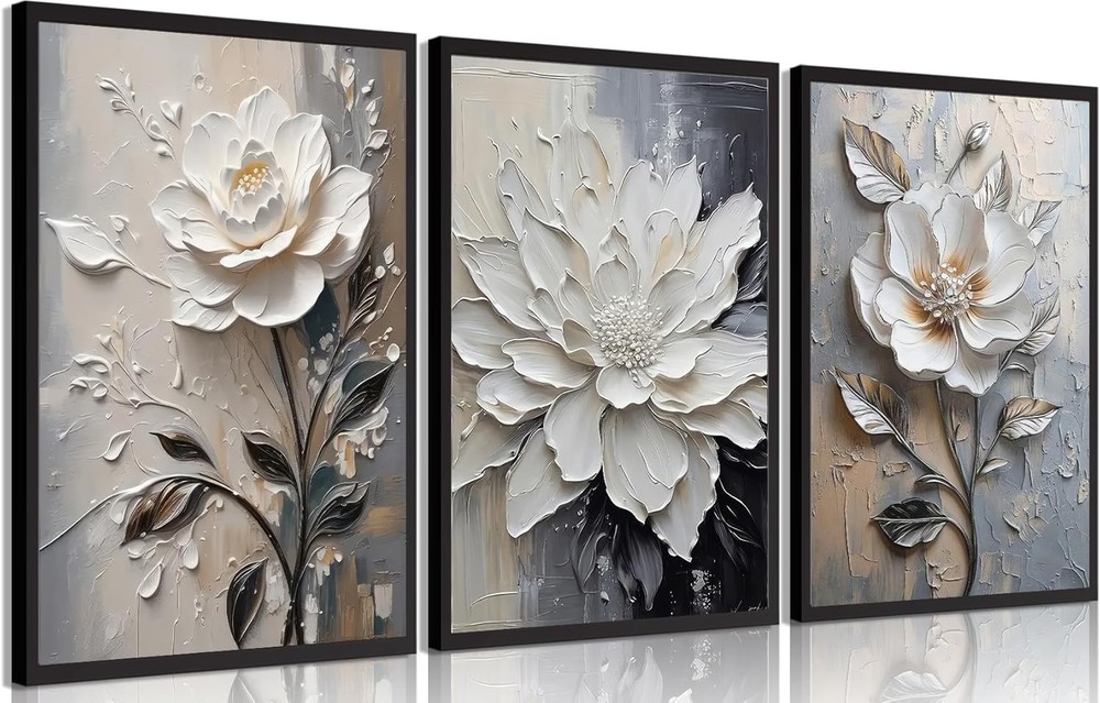 3Pcs Modern Abstract Flower Wall Art Black White Roses Paintings Pictures Wall D