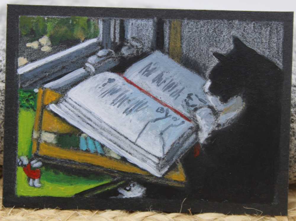 ACEO Original Art Cute Tuxedo Cat The Reader by Rockn Palette