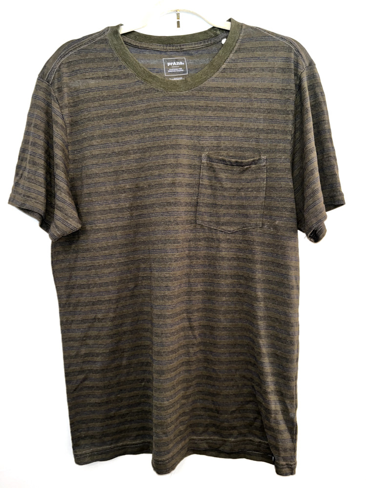 PRANA Men's Cardiff Green Striped Hemp Tencel Short Sleeve Pocket T-Shirt L