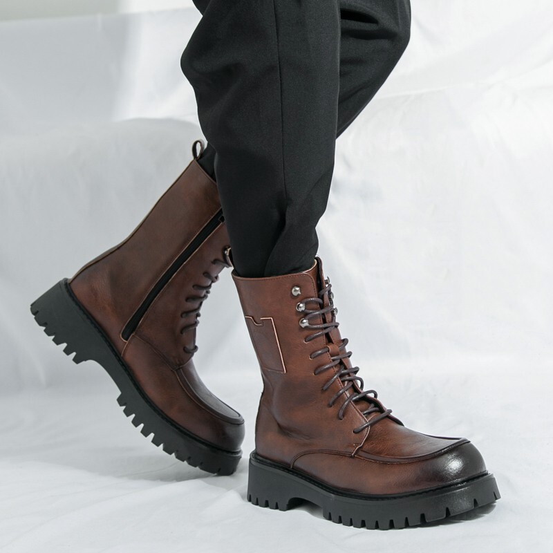 Men Lace Up High Top Combat Boots Side Zip Platform Chelsea boos Ankle Boots