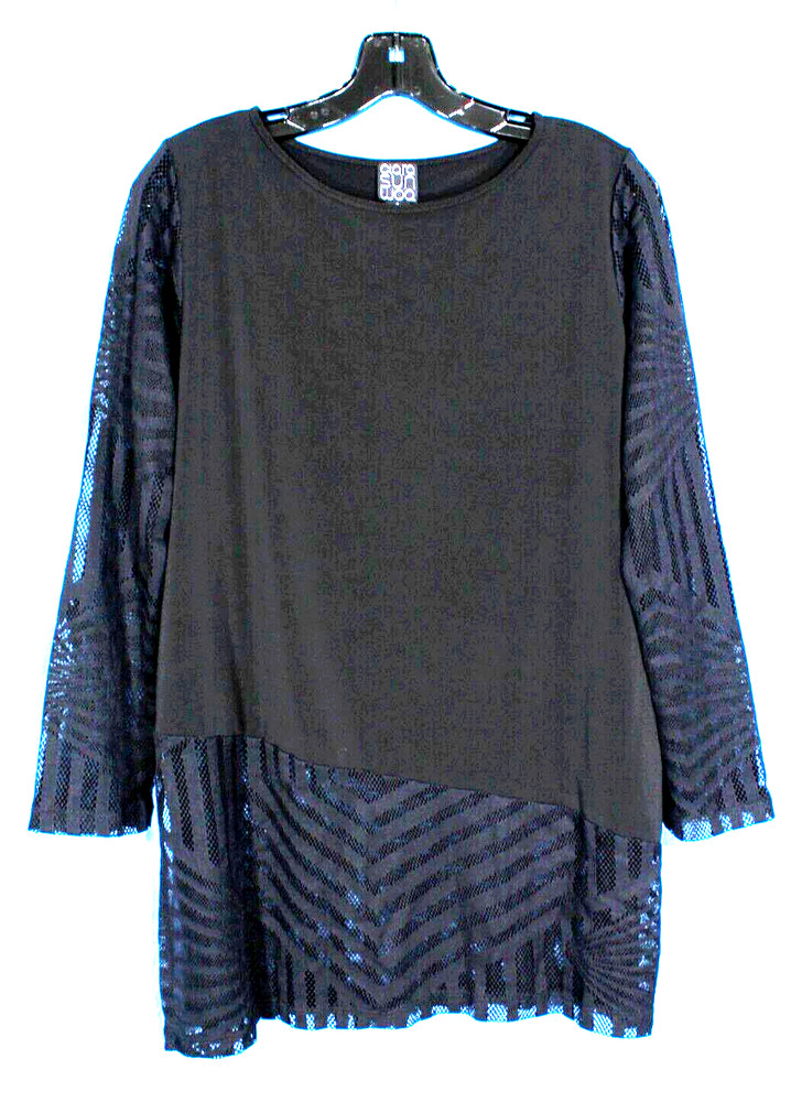 CLARA SUN WOO Stretch Knit EYELET LACE SLEEVES/HEM Black BLOUSE/TUNIC TOP Sz S