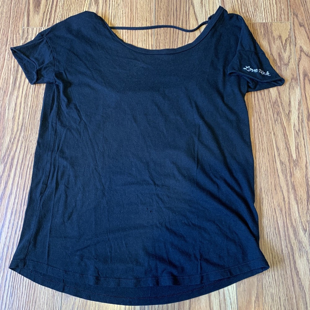 PINK Victoria’s Secret Women T-Shirt Black XS Deep V Open Back Stretch Arm Logo