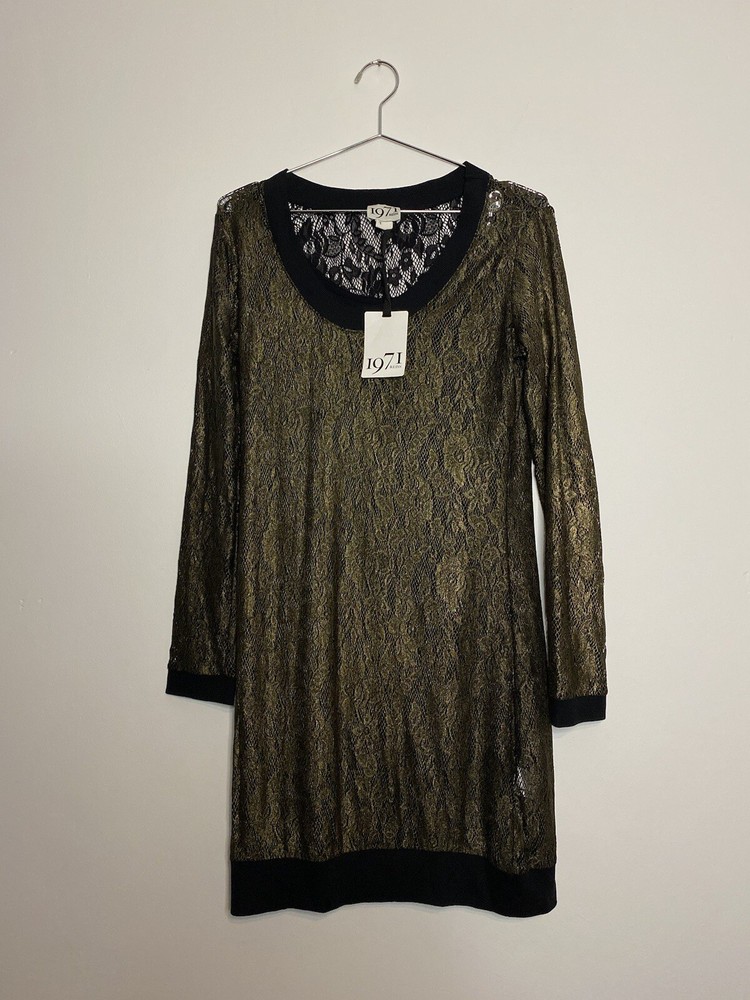 Reiss 1971 Gold Bronze Metallic Long Sleeve Dress Lace Brocade Crochet Size L