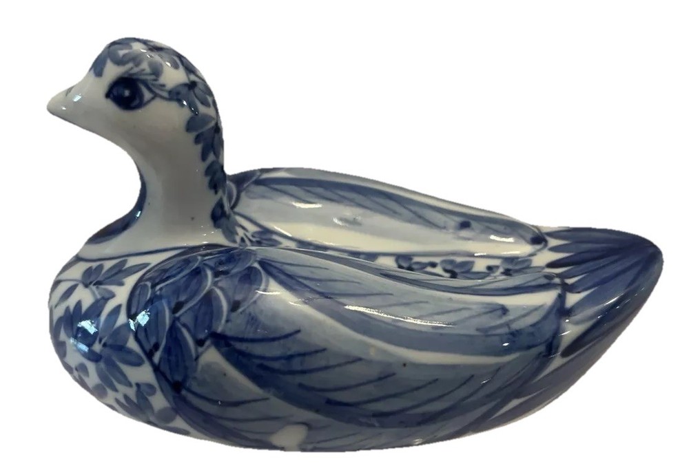 Vintage Ceramic Blue And White Delft Duck Trinket Box/ Butter Dish Hand Painted