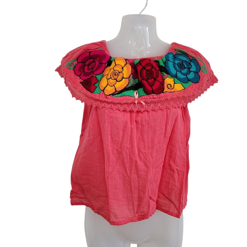 Handmade Embroidered Floral Boho Off-Shoulder Top in Pink Red Size XS