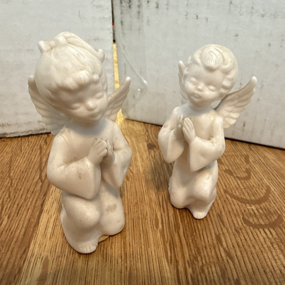 White Ceramic Praying Angel Figurines Set of 2 Matte Finish 3D Effect