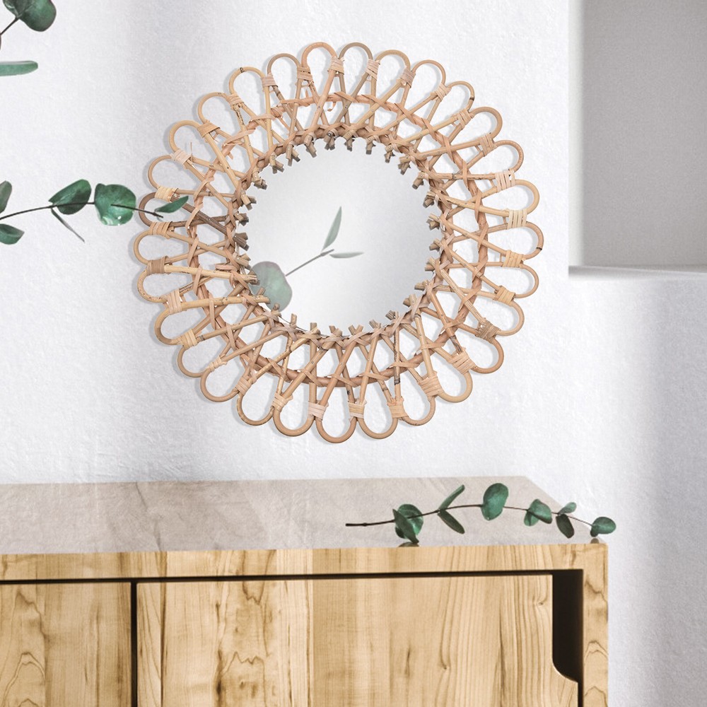 Hanging Wall Round Mirror Home Rattan Nordic Wicker Home Decor Art Mirrors US