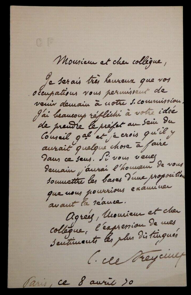 Charles Louis Saulces DE FREYCINET - SIGNED AUTOGRAPH LETTER, Paris, 1890