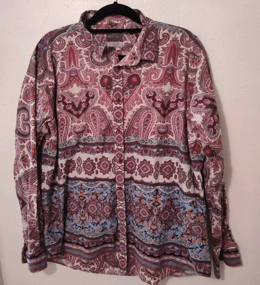 Thomas Dean Red/Blue Paisley Long Sleeve Button Down Mens Shirt Size XL