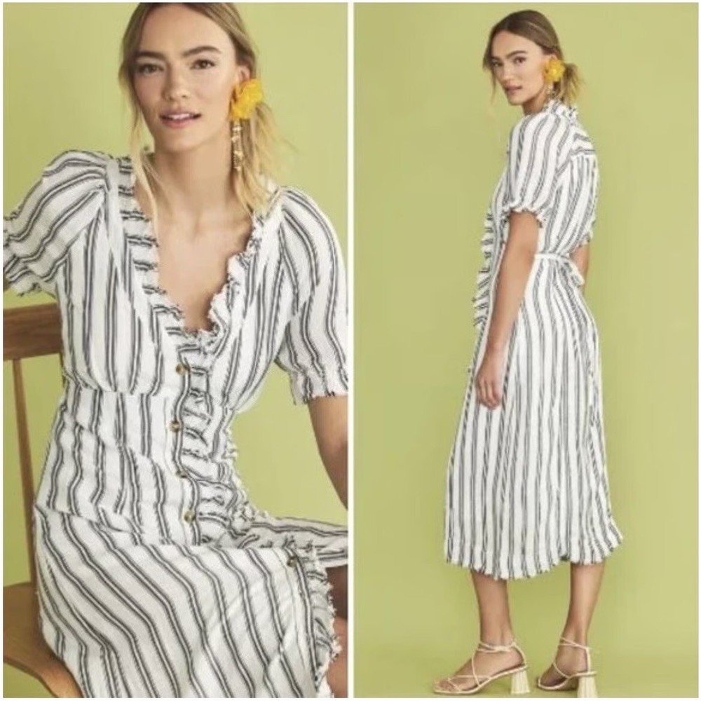 Pilcro Anthropologie Ruffle Grey White Midi Dress 4 Lined Linen small lagenlook