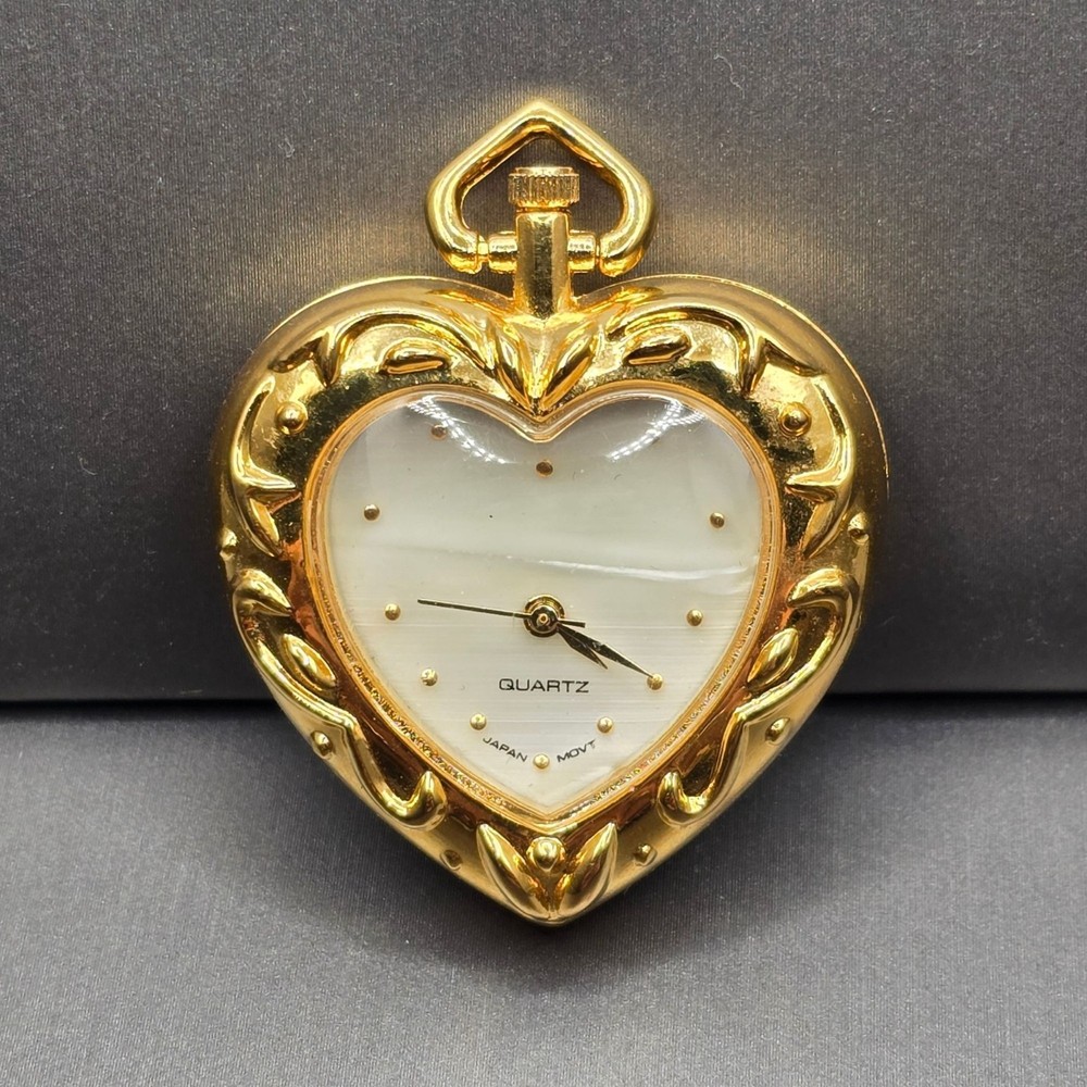 Vintage Avon Heart Watch Pendant Mother Of Pearl Gold Tone Locket Pocket Clock