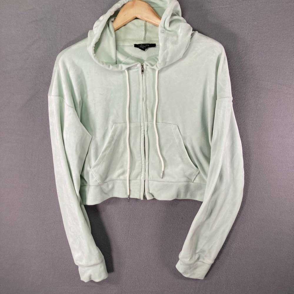 Forever 21 Cropped Zip Hoodie Womens L Green Lightweight Crop Sweatshirt