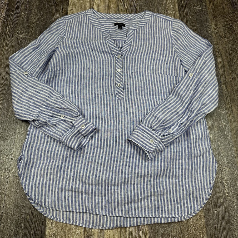 Talbots Women’s XS Linen Band Collar Popover Tunic Top Blue Stripe Long Sleeve