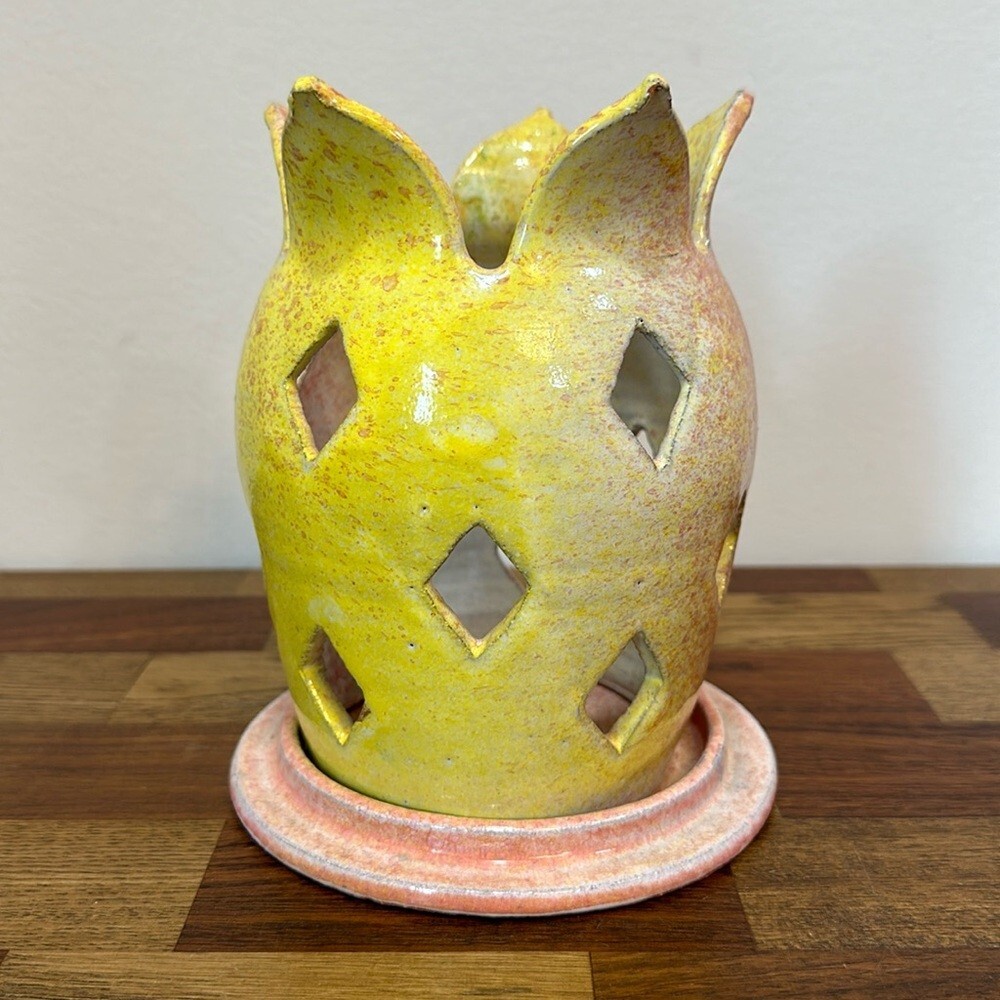 Handmade Art Deco Ceramic Candle Holder in Pink & Yellow Eclectic Style