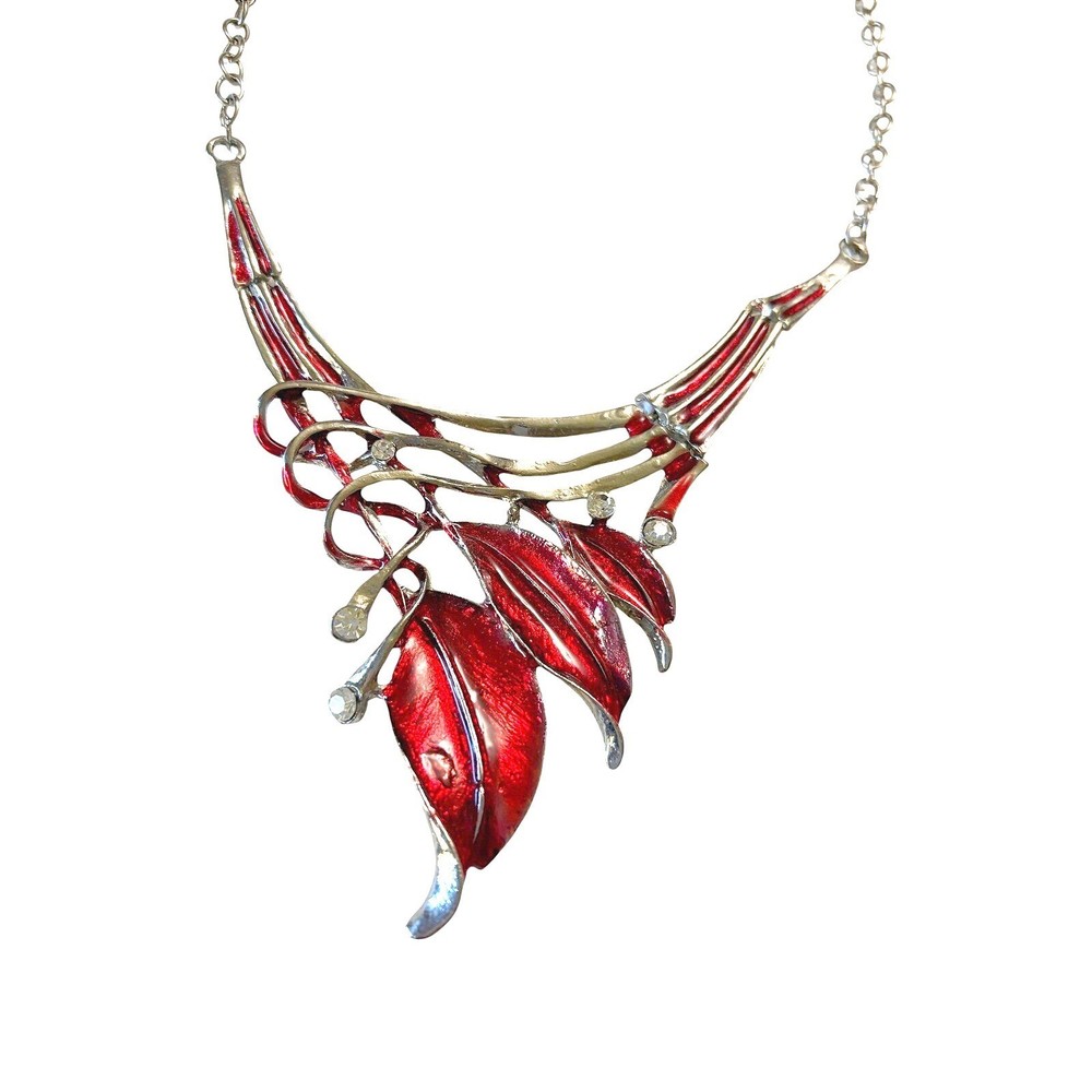 Vtg Style Red Enamel Leaf Bib Statement Necklace Rhinestone Silver Tone Collar