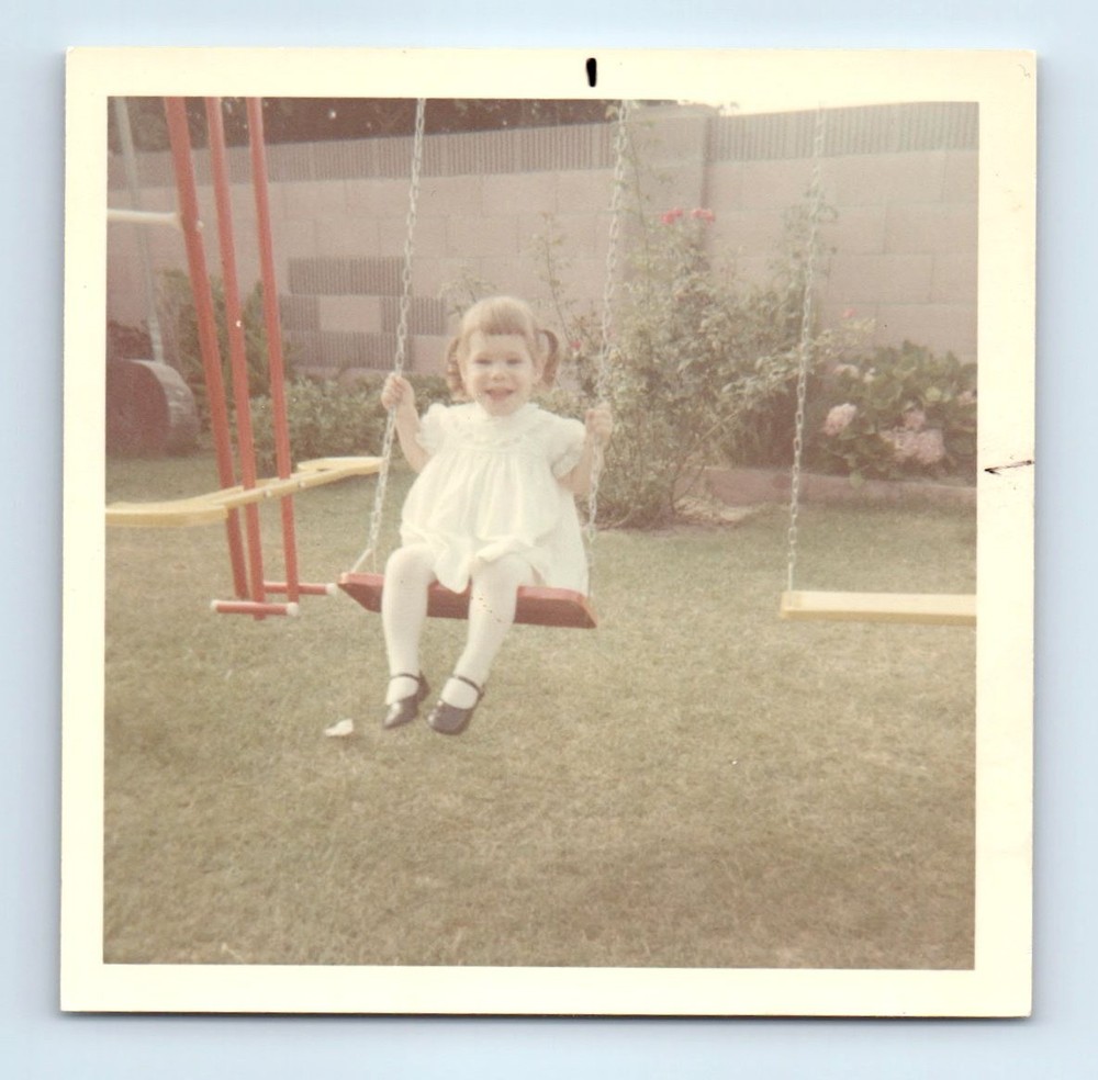 Old Vintage Square Color Photo SOLO GIRL SWINGING ON PLAYGROUND SWING