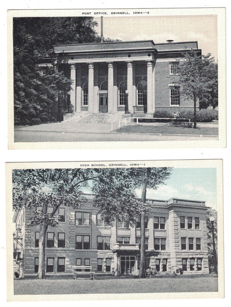 2 Antique 1920-1930 High School & Post Office Grinnell Iowa Postcard