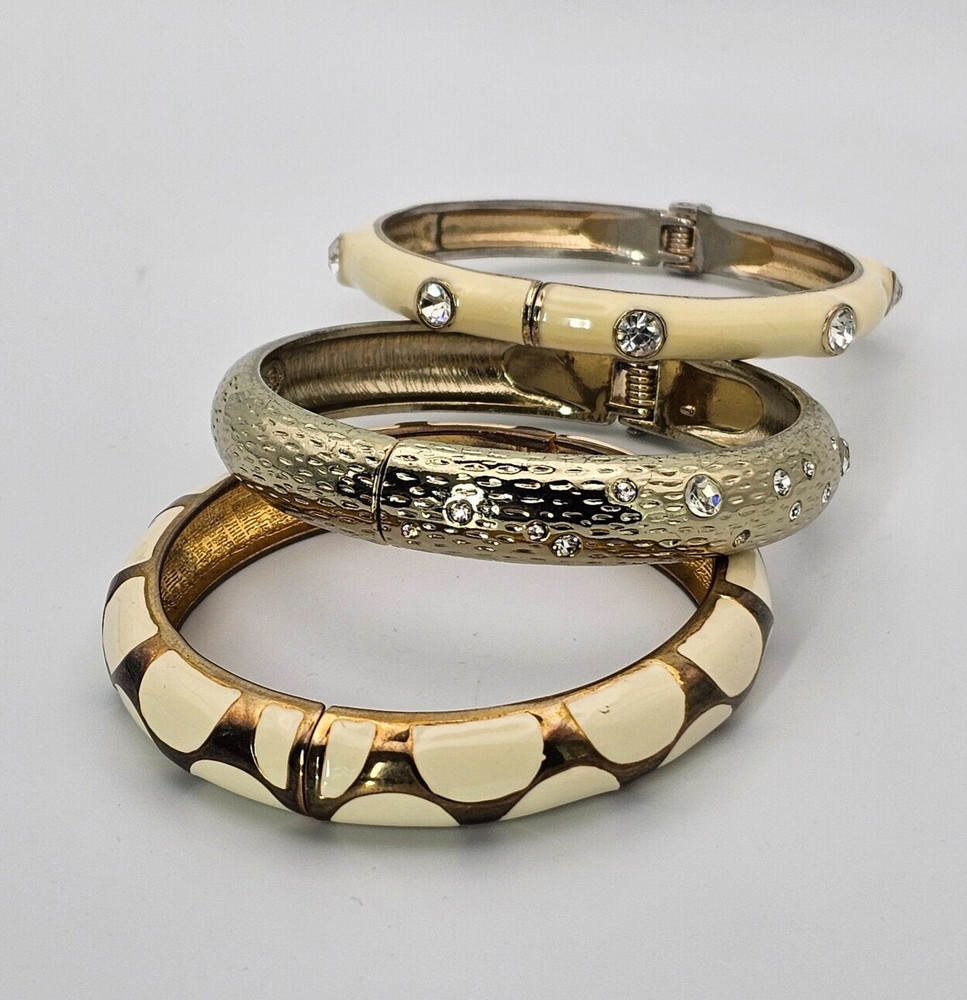 LOT of 3 Gold Tone Ivory Cream Beige Cuff Hinged Bangle Bracelet Premier Designs