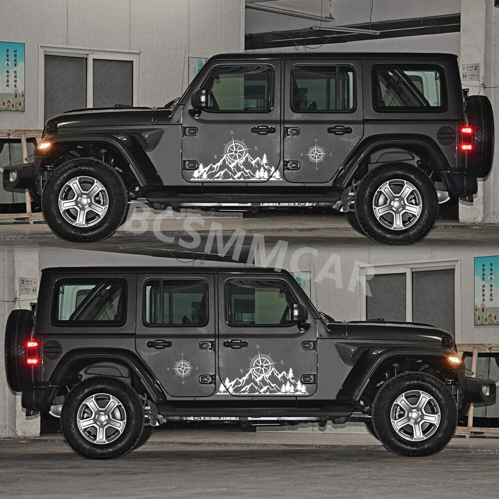 White Offroad Car Decal Compass Mountain Forest Design for Body Side