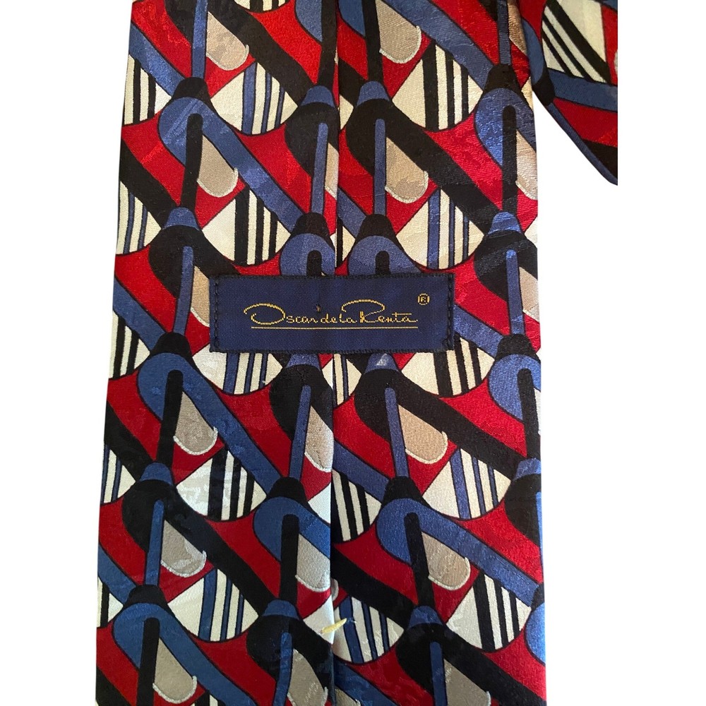 Oscar de la Renta Mens Silk Tie Red Blue  Geometric Abstract Graphic USA Made-image