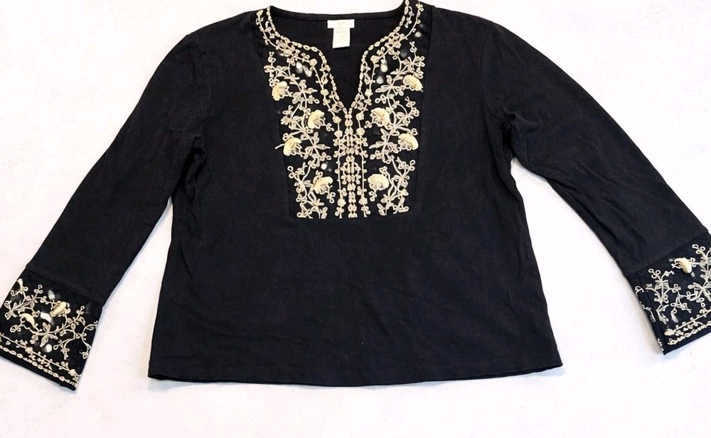 J. Jill Petite MP Black Embroidered Blouse Cotton Boho Peasant Top 3/4 Sleeve