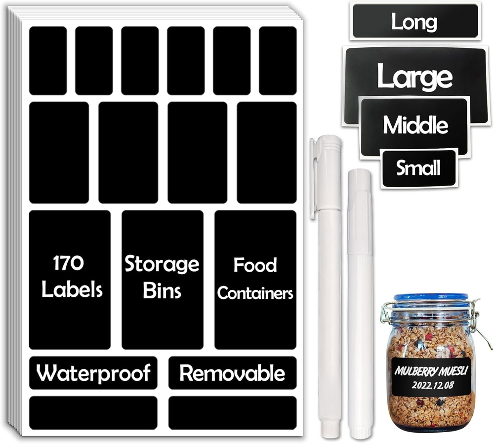 170Pcs Black Removable Labels for Jars, Storage Bins & Food Containers