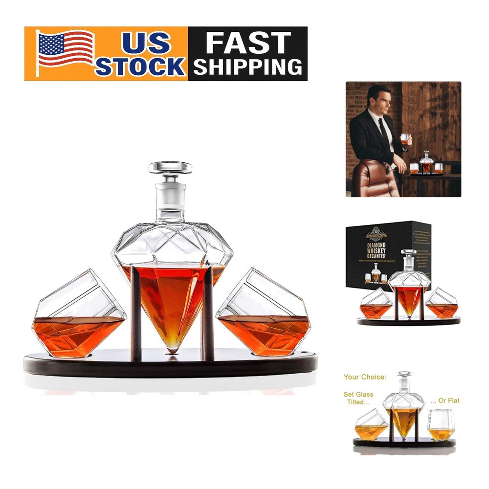 Handcrafted 750ml Diamond Whiskey Decanter Set with 2 Glasses and Elegant Holder