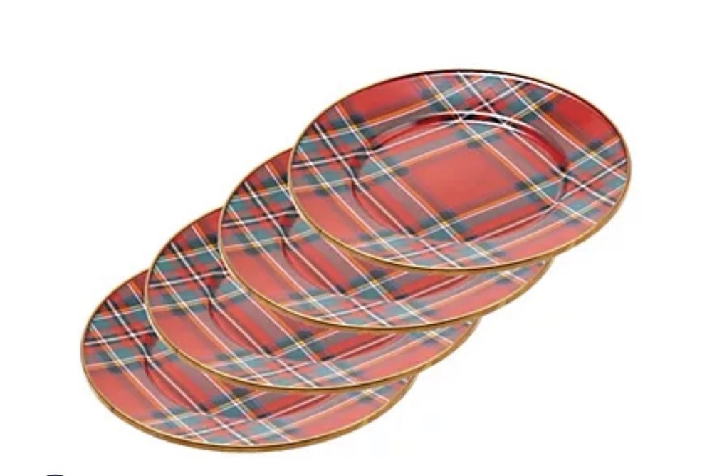 Mackenzie Childs Enamel  8 Inch Salad/Dessert Plates Set Of Four Red Tartan NEW