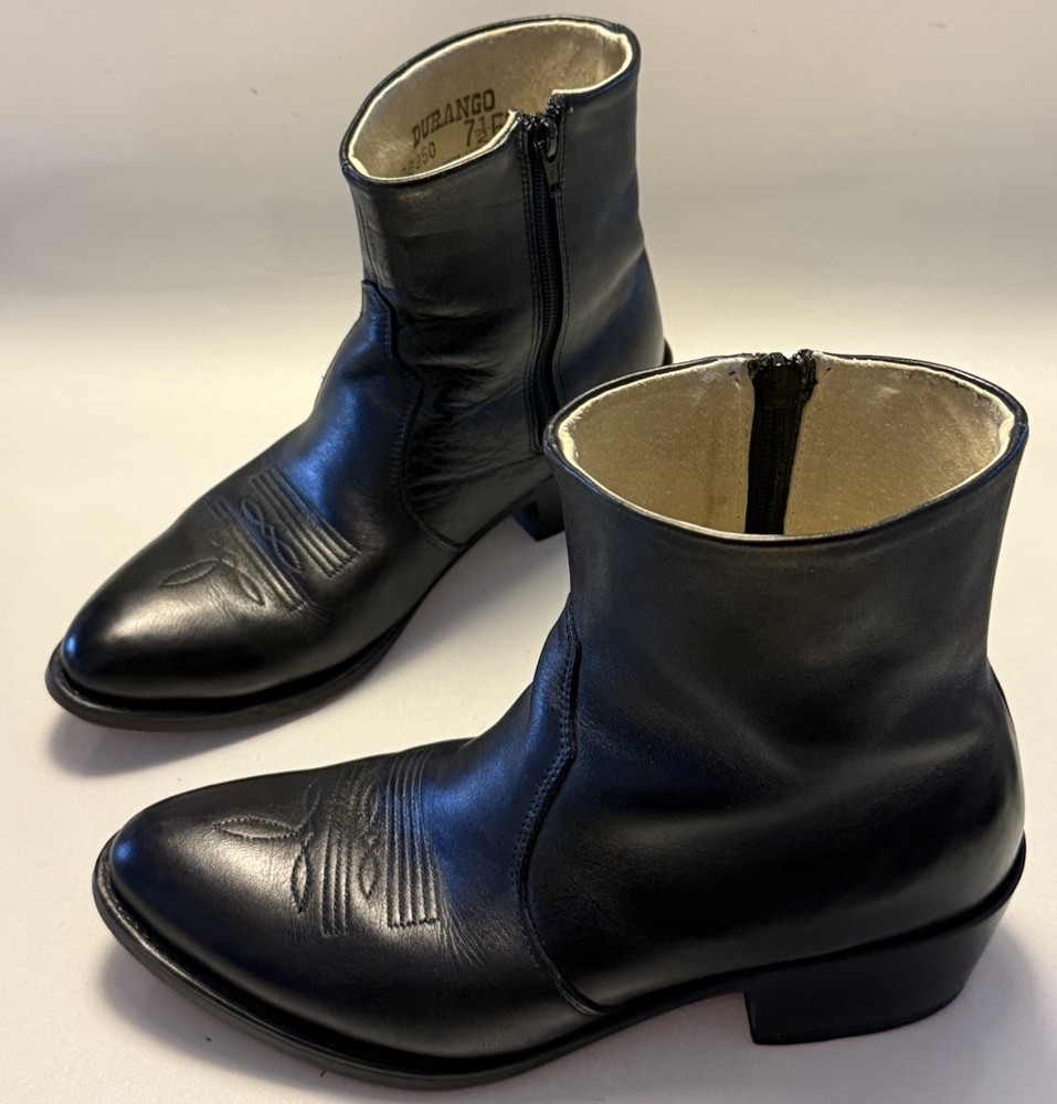 Durango Black Leather Side Zip Classic Short Western Boots Size 7.5EE Wide DB950